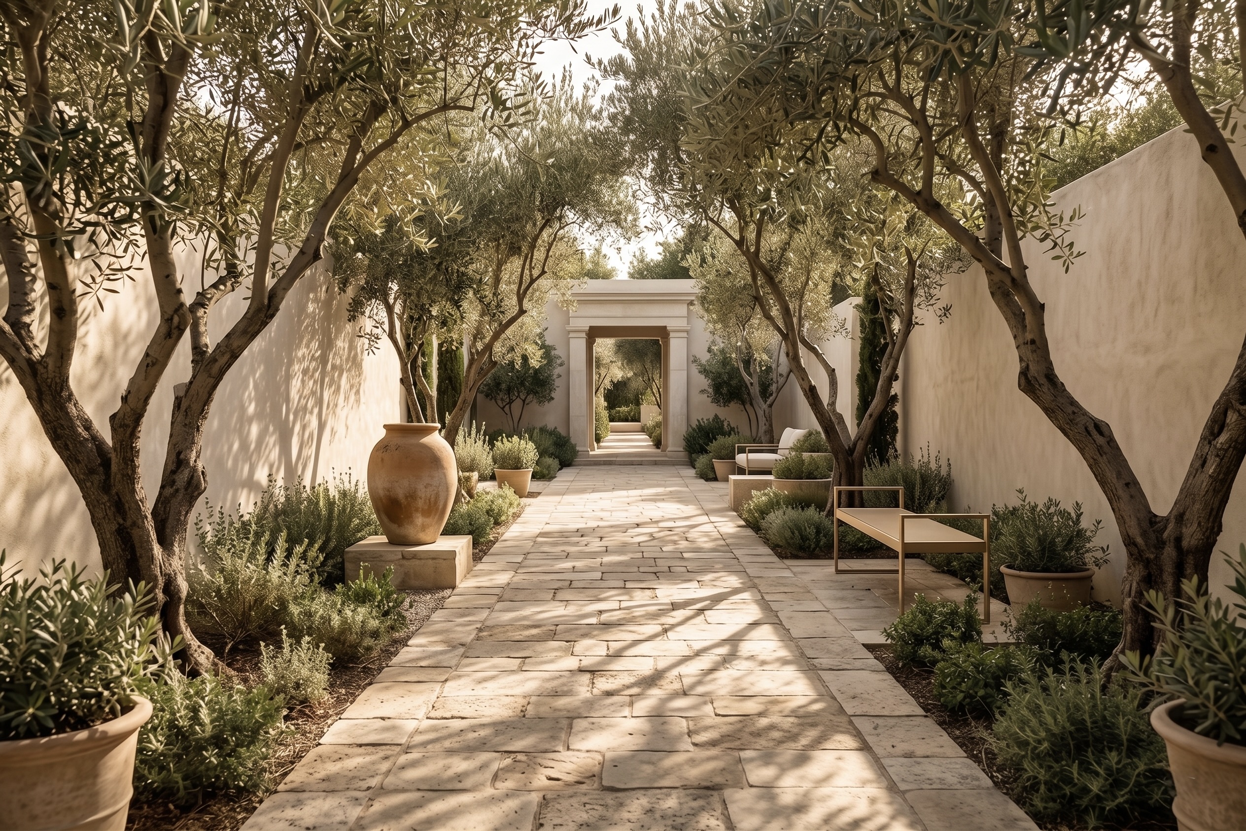A sunlit courtyard lined with olive trees