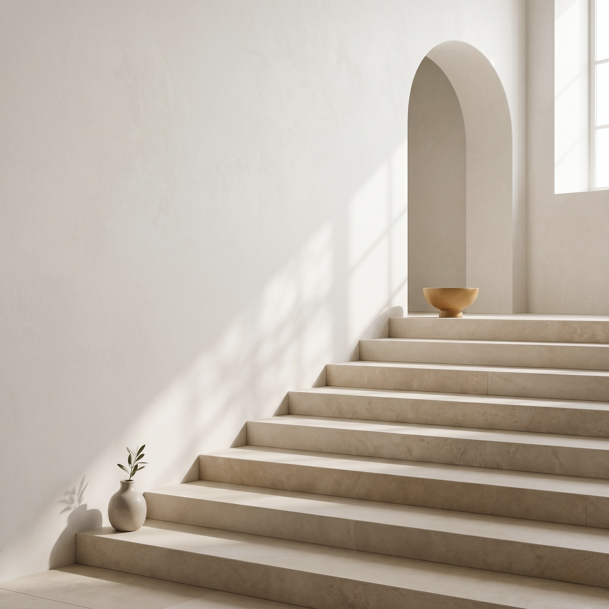 Warm stone steps beneath a softly curved arch